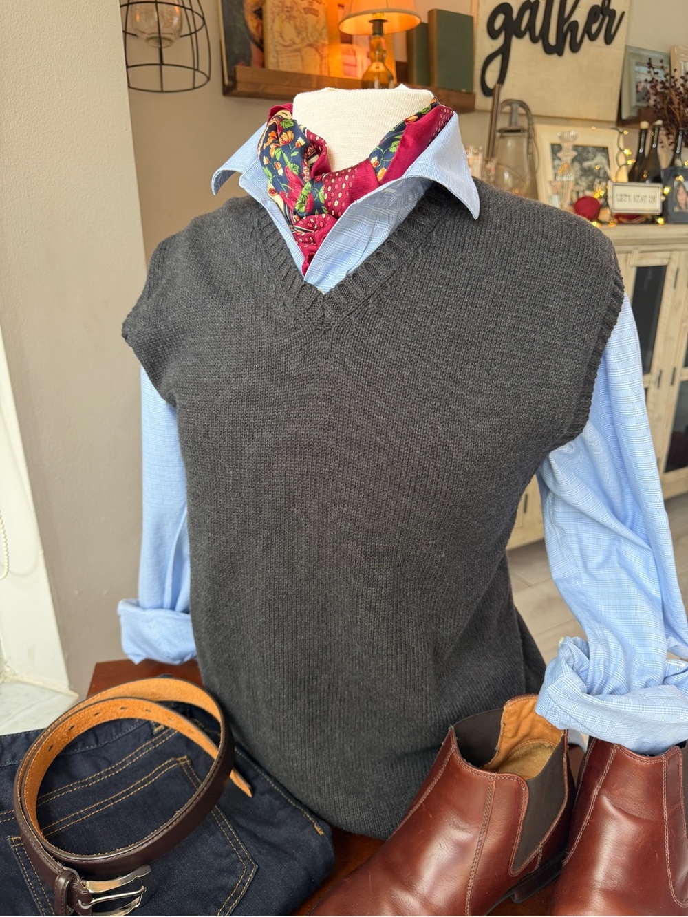 Lands' End Men's V-Neck Sweater Vest in Charcoal